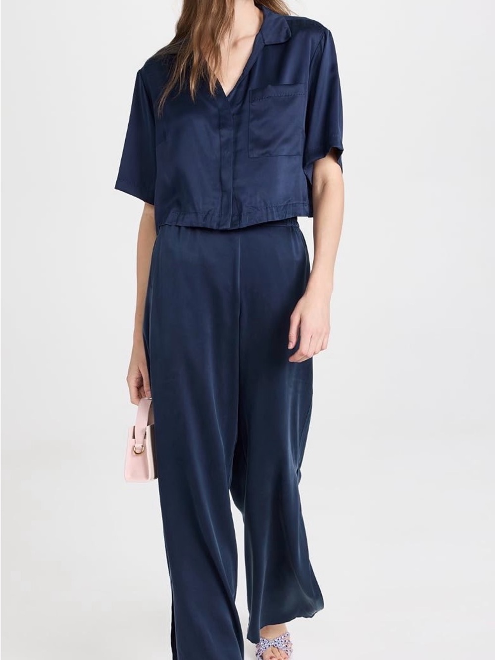 lunya Navy Silk Short-Sleeve Button Top & Wide-Leg Pants - Picture 3 of 14